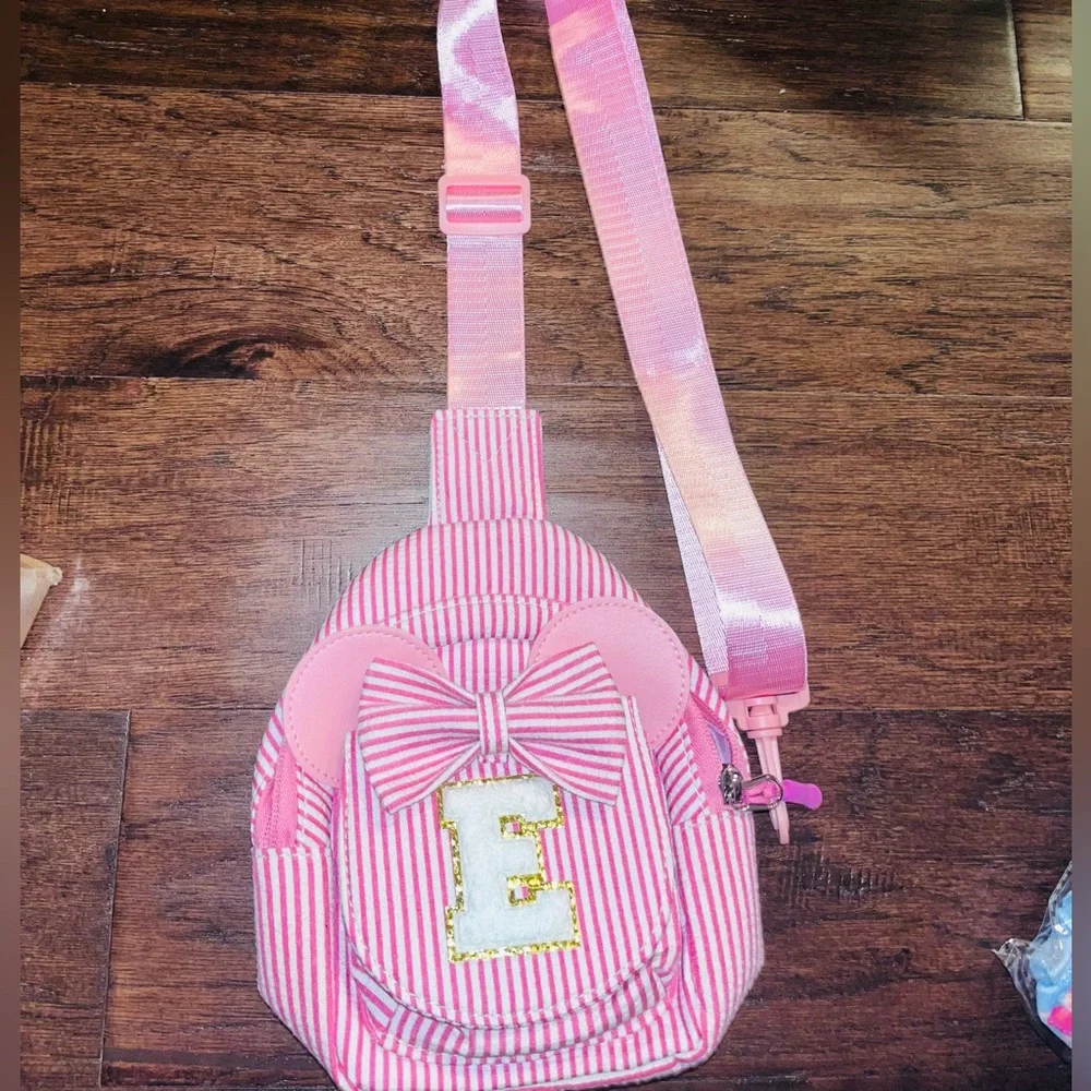 Pink Initial ‘E’ Striped Reversible Crossbody Sling Bag Backpack Girls Bow Bag